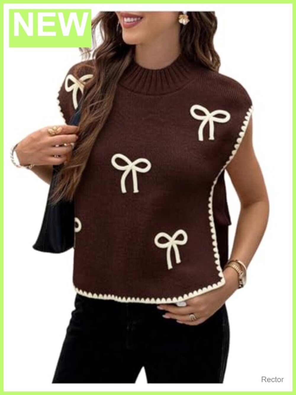 Sleeveless Knit Sweater Vest with Bow Embroidery & Side Tie